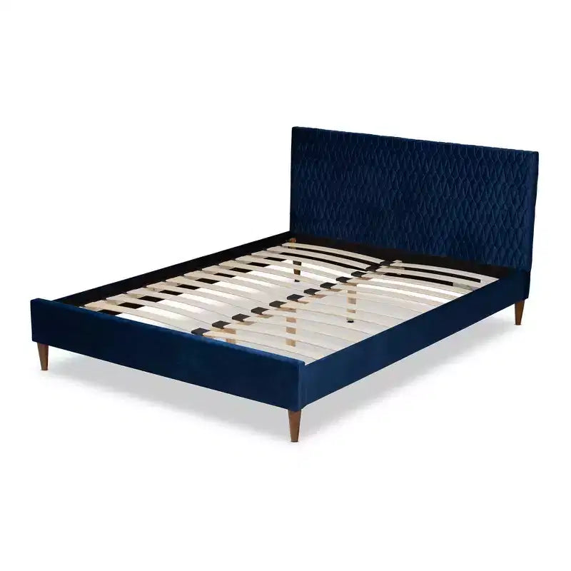 Lit plateforme grand lit bleu marine design mi-century, pieds effilés, revêtement en velours