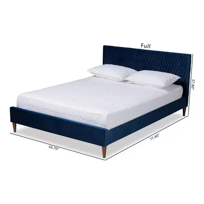 Lit plateforme grand lit bleu marine design mi-century, pieds effilés, revêtement en velours
