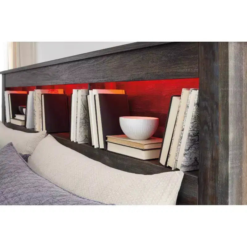 Tête de lit bibliothèque grand lit/lit double avec éclairage LED, finition rustique