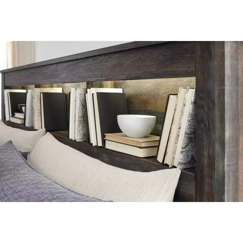 Tête de lit bibliothèque grand lit/lit double avec éclairage LED, finition rustique