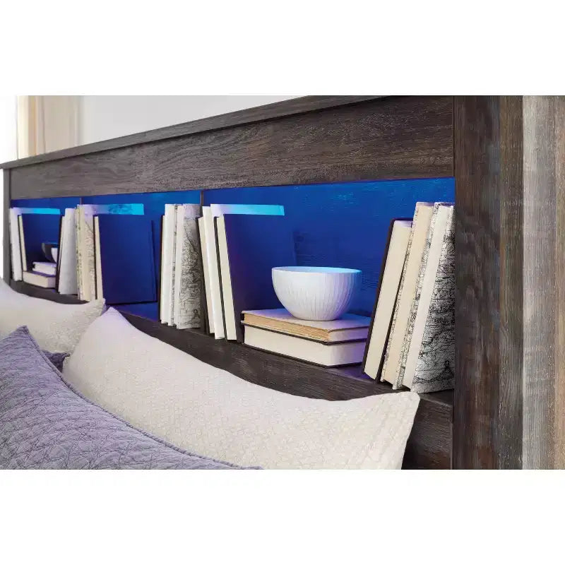 Tête de lit bibliothèque grand lit/lit double avec éclairage LED, finition rustique
