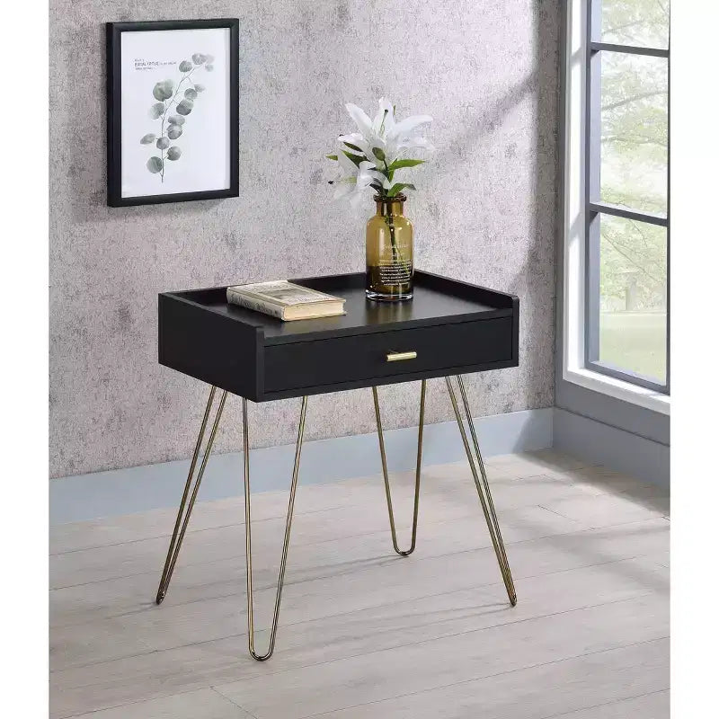 Table d'appoint mi-siècle pieds cuivre chrome, tiroir de rangement