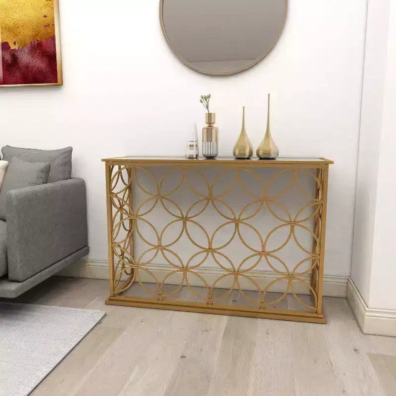 Console étroite rectangulaire dorée en métal style traditionnel moderne pour entrée