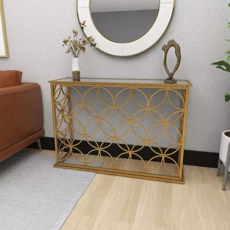 Console étroite rectangulaire dorée en métal style traditionnel moderne pour entrée