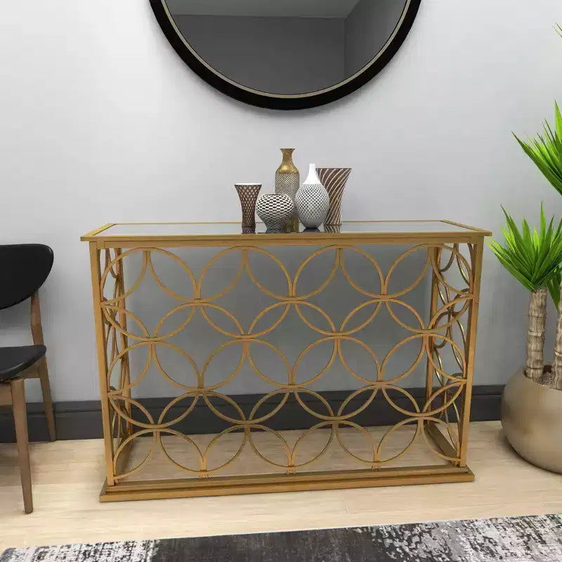 Console étroite rectangulaire dorée en métal style traditionnel moderne pour entrée