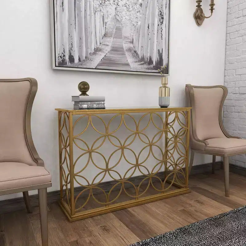 Console étroite rectangulaire dorée en métal style traditionnel moderne pour entrée