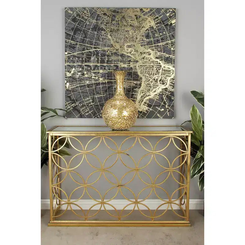 Console étroite rectangulaire dorée en métal style traditionnel moderne pour entrée