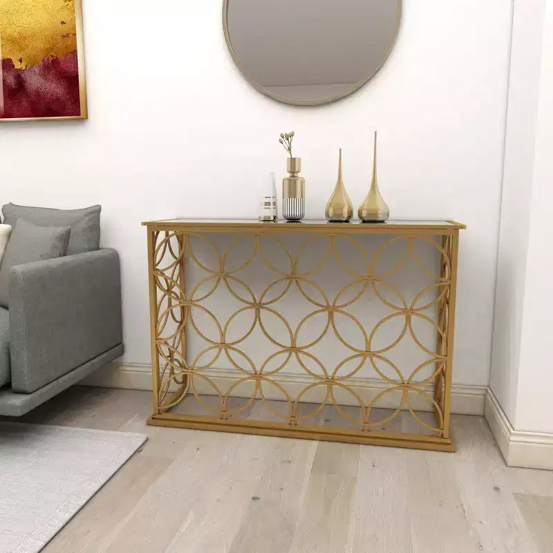 Console étroite rectangulaire dorée en métal style traditionnel moderne pour entrée