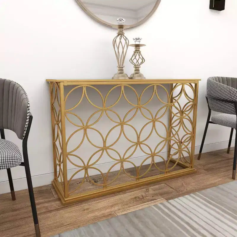 Console étroite rectangulaire dorée en métal style traditionnel moderne pour entrée