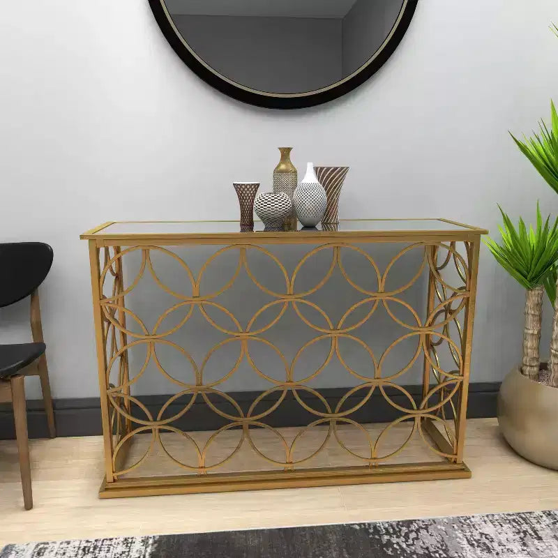 Console étroite rectangulaire dorée en métal style traditionnel moderne pour entrée
