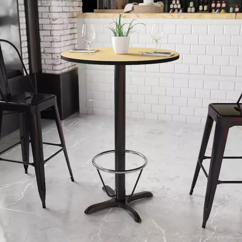 Dessus de table rond stratifié, piètement de table hauteur bar et repose-pieds