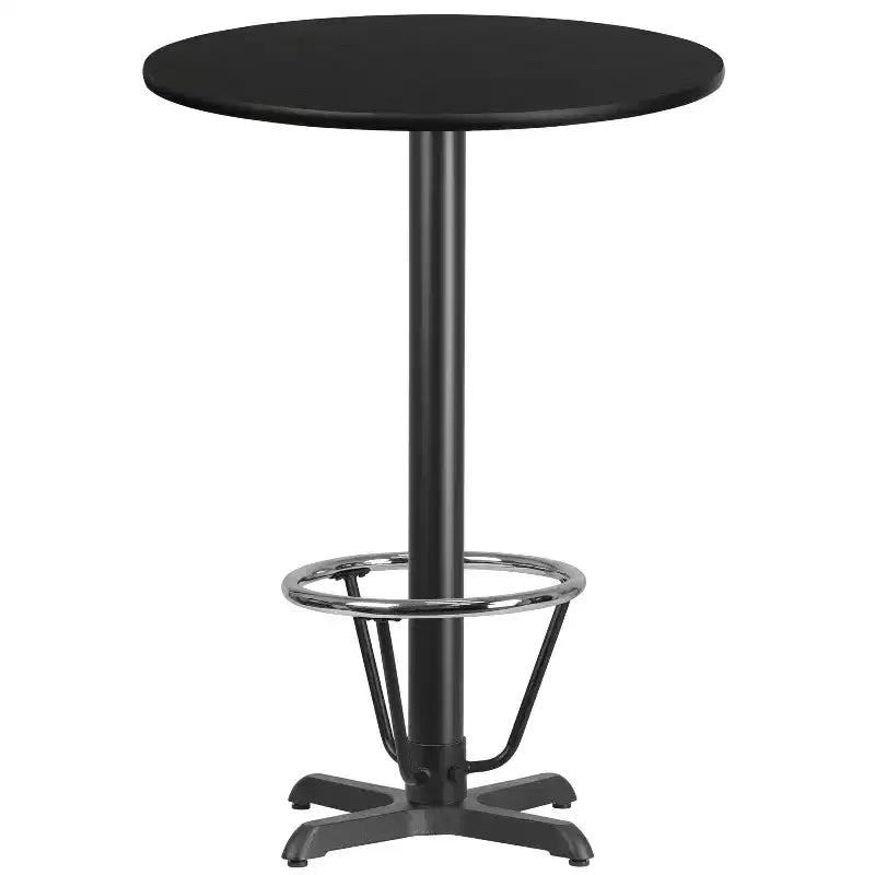 Dessus de table rond stratifié, piètement de table hauteur bar et repose-pieds