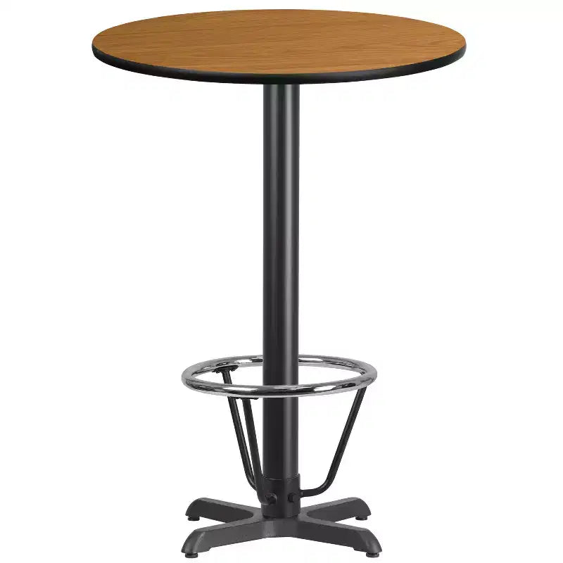 Dessus de table rond stratifié, piètement de table hauteur bar et repose-pieds
