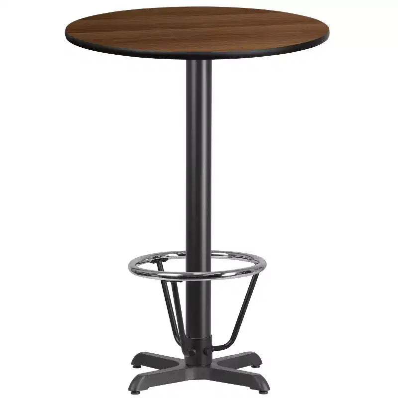 Dessus de table rond stratifié, piètement de table hauteur bar et repose-pieds