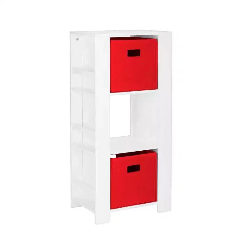 RiverRidge Kids' Bookshelf and Toy Organizer Tower with 3 Cubbies and 6 Bookracks White with 2 Fabric Bins