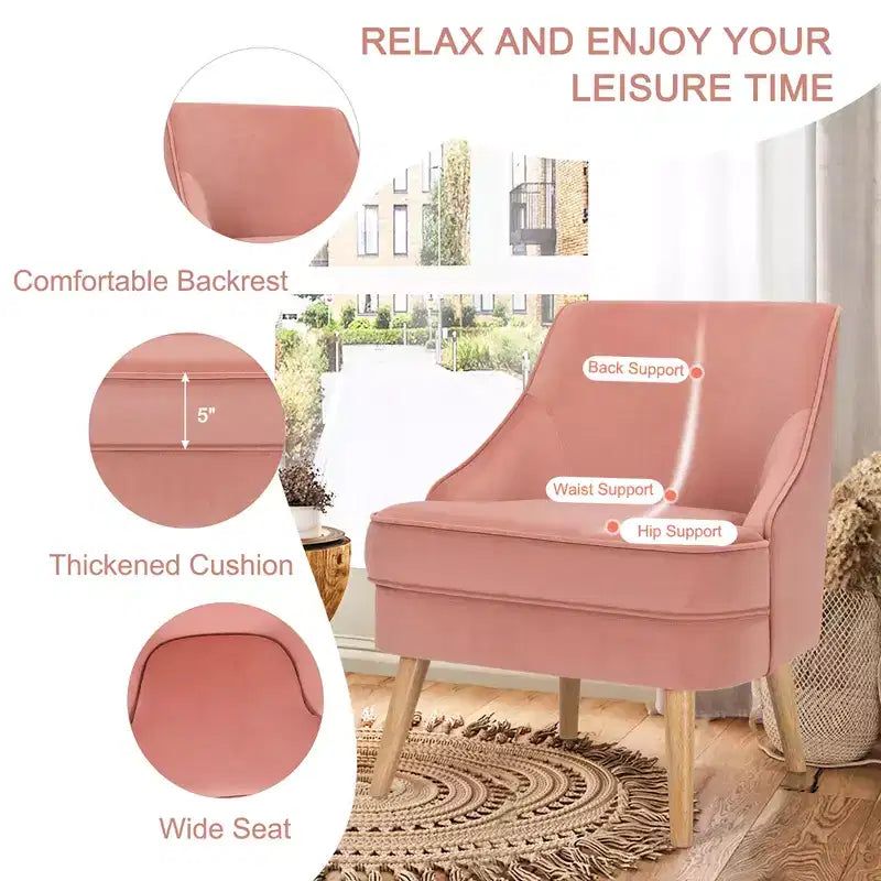Fauteuils d'appoint en velours, fauteuil simple avec pieds en bois d'hévéa rose/vert/gris