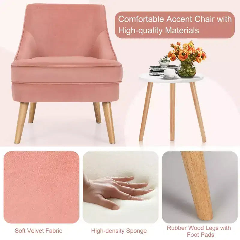 Fauteuils d'appoint en velours, fauteuil simple avec pieds en bois d'hévéa rose/vert/gris